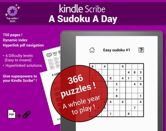 May include: A Kindle Scribe e-reader displaying a Sudoku puzzle book cover with the text "366 puzzles! A whole year to play!" and the title "A Sudoku A Day". The cover is red with white text. The e-reader is displaying a Sudoku puzzle with the text "Easy Sudoku #1".