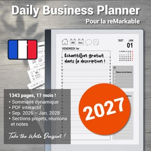 Peut inclure: Un agenda professionnel numérique quotidien pour tablettes reMarkable avec une interface calendrier 2027, planification horaire, liste de tâches et icônes de navigation. L'écran affiche 2027, 1343 pages, 17 mois et Take the Write Decision.