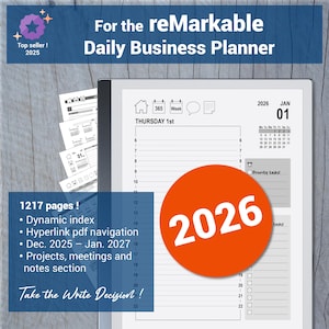 Peut inclure: Un planificateur d'affaires numérique avec le texte "For the reMarkable Daily Business Planner". Le planificateur affiche un calendrier pour le 1er janvier 2026 et comprend une section pour les tâches. L'image met également en évidence des fonctionnalités telles qu'un index dynamique et la navigation PDF par hyperlien.