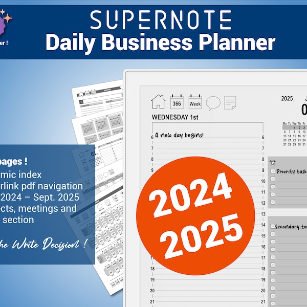 Daily Business Planner, academic year 2024/2025, pdf planner for the Supernote®, with hypertext navigation - English version