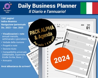 Daily Business Planner & ALPHA pack, pdf agenda 2024 and alphabet section, with ipertestual navigation - Italian version