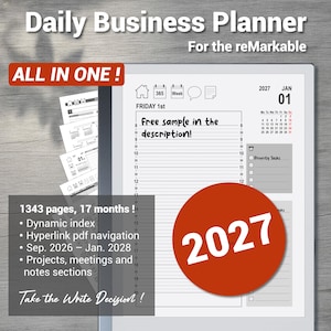 Peut inclure: Un planificateur professionnel quotidien numérique pour tablette reMarkable comprenant 1343 pages et 17 mois de couverture de septembre 2026 à janvier 2028. L'interface inclut un index dynamique, une navigation PDF par hyperliens et des sections.