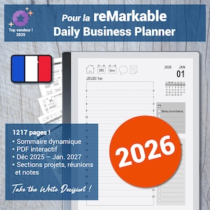 Peut inclure: Un planificateur quotidien numérique pour tablettes reMarkable. L'image montre une page de planificateur avec la date du 1er janvier 2026 et un grand cercle orange avec l'année 2026. Le planificateur comprend des sections pour les projets, les réunions et les notes.