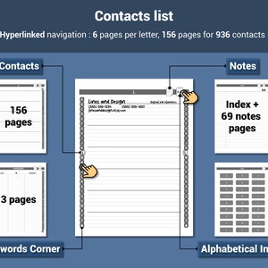 May include: Digital contact list with hyperlinked navigation. The design includes sections for contacts, notes, passwords, and an alphabetical index. The contact section has 156 pages. The design includes the text "Contacts list" and "Lines and Design".