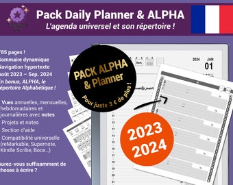 Pack Daily Planner & ALPHA, agenda pdf 2023/2024 et répertoire alphabétique, avec navigation hypertexte - Version française