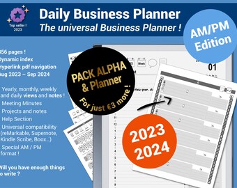 Daily Business Planner & ALPHA pack, 2023/2024 pdf planner and alphabetical directory, with hypertext navigation - AM/PM Edition