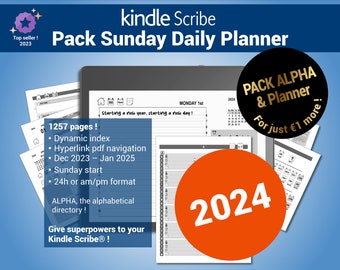 Sunday Daily landscape Planner & ALPHA pack, 2024 pdf planner, alphabetical directory for the kindle Scribe®, with hypertext navigation