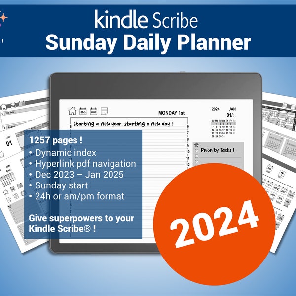 Sunday Daily Planner 2024, landscape pdf planner with sunday start for the Kindle Scribe®, with hypertext navigation - English version