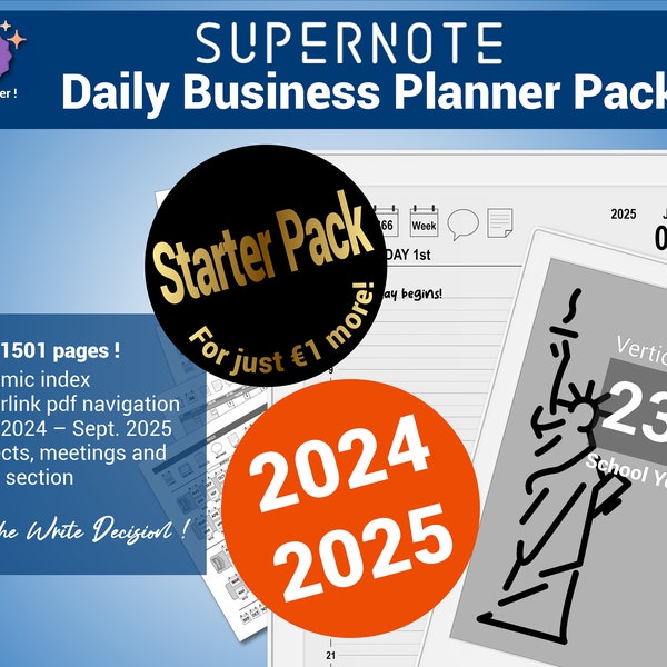 Daily Business Planner Starter Pack, academic year 23/24 & 24/25, pdf planners for the Supernote®, with hypertext navigation