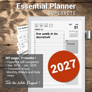 May include: A digital Essential Planner Supernote device displaying a daily schedule page for January 1st, 2027. The screen shows a calendar, hourly time slots, and priority tasks. A large red circle with the text 2027 overlays the lower right corner.