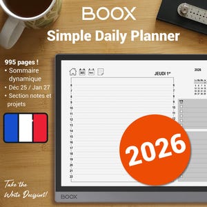 May include: A digital planner with the text "BOOX Simple Daily Planner" and "2026" in an orange circle. The planner includes sections for notes and projects, and has 995 pages. A cup of coffee and a small ruler are also visible.