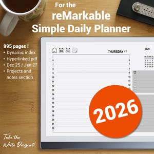 Peut inclure: Un planificateur numérique pour la tablette reMarkable, avec un calendrier 2026, un emploi du temps quotidien et des sections de projets. L'image comprend le texte "Simple Daily Planner" et "Take the Write Decision!" sur une surface en bois.