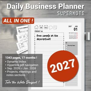 May include: A digital daily business planner for Supernote featuring a 2027 calendar interface. The screen displays a Friday 1st schedule with hourly slots, a monthly calendar, and a priority tasks list. Text includes "ALL IN ONE!", "2027", and "free sample in the description!"
