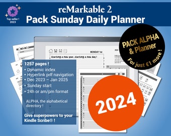 Sunday Daily landscape Planner & ALPHA pack, 2024 pdf planner, alphabetical directory for the reMarkable®, with hypertext navigation
