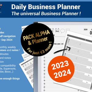 Daily Business Planner & ALPHA pack, 2023/2024 pdf planner and alphabetical directory, with hypertext navigation - English version