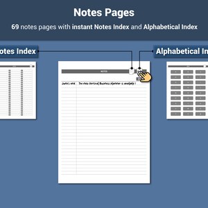 May include: A digital planner page with the title "Notes Pages" and the text "69 notes pages with instant Notes Index and Alphabetical Index." The image shows a Notes Index, a lined notes page, and an Alphabetical Index.