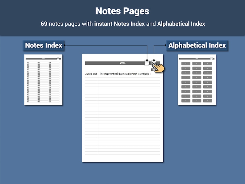 May include: A digital planner page with the title "Notes Pages" and the text "69 notes pages with instant Notes Index and Alphabetical Index." The image shows a Notes Index, a lined notes page, and an Alphabetical Index.