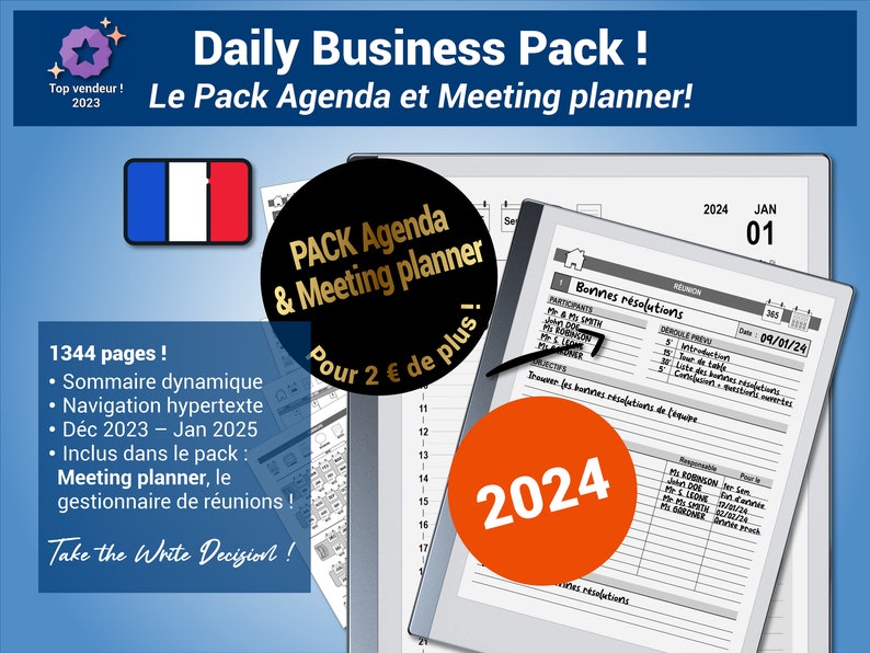 Pack productivité : Daily Business Planner, agenda 2024 et Meeting Planner pour la reMarkable® Navigation hypertexte Version française image 1