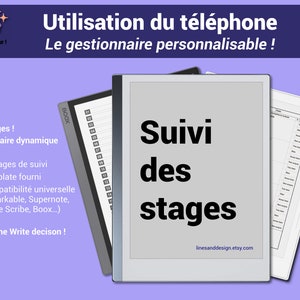 Può includere: Un planner digitale per il monitoraggio degli stage, con sfondo bianco e testo nero. Il testo recita "Suivi des stages", che si traduce in "Monitoraggio degli stage" in italiano. Il planner è compatibile con vari lettori di ebook, tra cui reMarkable, Supernote, Kindle Scribe e Boox.