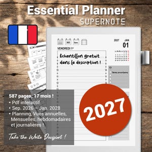 May include: A digital planner for 2027 displayed on a tablet screen, featuring a daily schedule with hourly slots, a monthly calendar, and a task list. The interface includes text in French, a red circular 2027 badge, and a sidebar with 587 pages.