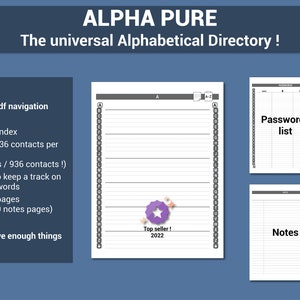 Peut inclure: Un répertoire numérique intitulé "ALPHA PURE" avec le slogan "The universal Alphabetical Directory!". Comprend 230 pages, une navigation PDF par hyperlien et un index dynamique. Comprend des sections de mots de passe et de notes. "Top seller! 2022" est également affiché.