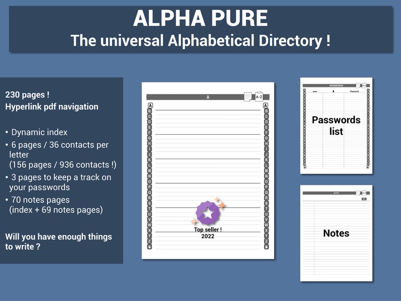 May include: A digital directory titled "ALPHA PURE" with the tagline "The universal Alphabetical Directory!". Features include 230 pages, hyperlink PDF navigation, and a dynamic index. Includes password and notes sections. "Top seller! 2022" is also displayed.