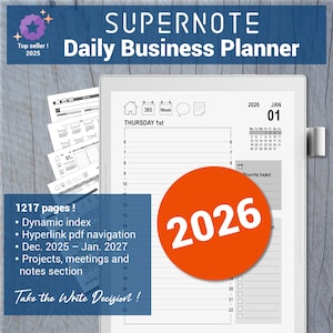 May include: A digital daily business planner with the text "SUPERNOTE Daily Business Planner" and "2026" in a large orange circle. The planner includes a calendar, task list, and the text "Take the Write Decision!"