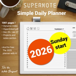 以下が含まれることがあります： 「SUPERNOTE Simple Daily Planner」と「2026」の文字が入ったデジタルプランナー。白いタブレットに表示されています。ダイナミックインデックス、ハイパーリンクPDF、プロジェクトセクションなどの機能があります。プランナーは1001ページで、2025年のプランナーが無料で含まれています。