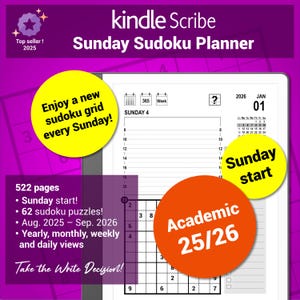 Peut inclure: Planificateur de Sudoku Kindle Scribe du dimanche, 522 pages, 62 puzzles d'août 2025 à septembre 2026. Comprend des vues annuelles, mensuelles, hebdomadaires et quotidiennes. Le planificateur a le texte "Profitez d'une nouvelle grille de sudoku chaque dimanche !" et "Début du dimanche".