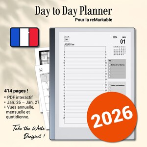 May include: A digital planner for the reMarkable tablet, featuring a daily layout for January 1, 2026. The image includes a calendar view, task lists, and a 2026 graphic. The planner has 414 pages and includes interactive PDF features.