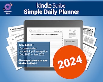 Simple Daily Planner 2024, landscape pdf planner for the Kindle Scribe®, with hypertext navigation - English version