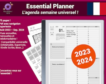 Essential Planner - 2023/2024 Edition - Universal weekly pdf agenda for E-ink tablets, with hypertext navigation - French version
