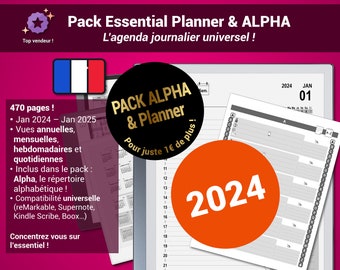 Pack Essential Planner & ALPHA - Édition 2024 - Agenda journalier pdf et répertoire alphabétique pour tablettes E-ink - Version française