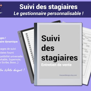 Può includere: Un planner digitale per il monitoraggio degli stagisti, con il titolo "Suivi des stagiaires" e il testo "Le gestionnaire personnalisable!" Il planner è compatibile con vari lettori di ebook, tra cui reMarkable, Supernote, Kindle Scribe e Boox. Include 138 pagine di modelli di monitoraggio e un indice dinamico.