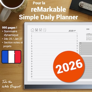 Könnte beinhalten: Ein digitaler Planer für das reMarkable Tablet mit einem einfachen Tageslayout. Der Bildschirm zeigt den Text "Simple Daily Planner" und "2026" in einem großen orangefarbenen Kreis an. Das Bild enthält auch eine Kaffeetasse und eine französische Flagge.