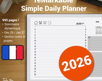 Simple Daily Planner 2026, landscape format, reMarkable compatible, with hyperlinked navigation - French version