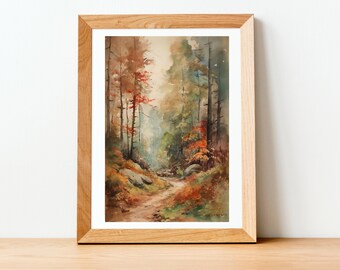 May include: Watercolor painting of a forest path framed in a light wood frame. The artwork depicts a path winding through a forest with trees in shades of green, red, and brown. The painting has a soft, natural aesthetic.