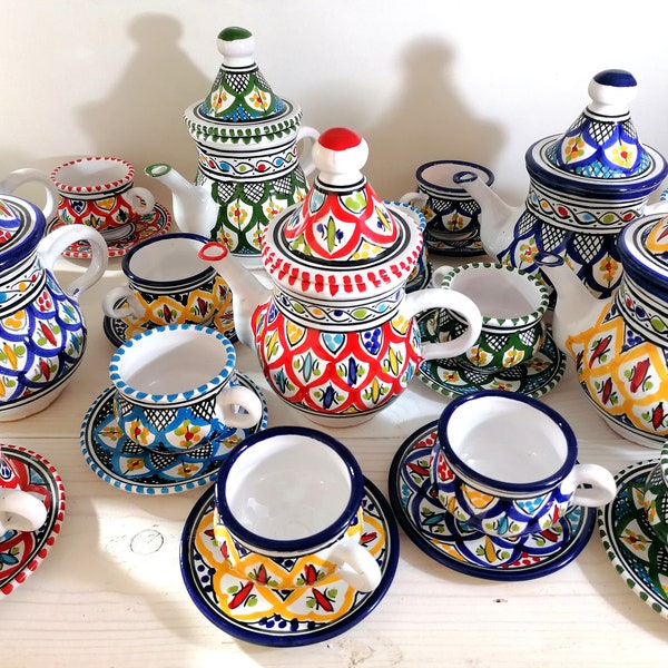 Servizio da tea o caffè in ceramica etnico Tunisia Marocco 7 pezzi teiera e sei tazzine con piattino