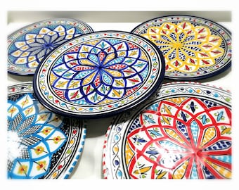Set Piatti in ceramica etnica. Meravigliosi.2x piatti cm28 grandi XL Tunisini Marocchini in ceramica decorata a mano diametro