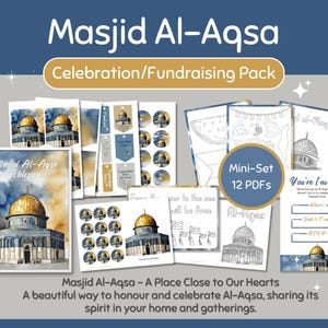 Pode incluir: Um conjunto de 12 PDFs imprimíveis para uma celebração e angariação de fundos da mesquita Al-Aqsa. O conjunto inclui convites, autocolantes e impressões artísticas com a Cúpula da Rocha. O texto diz "Masjid Al-Aqsa is blessed."