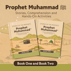 Può includere: Due libri con copertina flessibile intitolati Prophet Muhammad: Stories, Comprehension and Hands-On Activities. Il primo libro mostra un paesaggio desertico con la Kaaba, mentre il secondo raffigura una moschea con cupola verde e palme.
