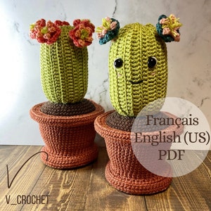 Peut inclure: Deux cactus amigurumi en crochet avec des visages souriants. Le cactus de gauche a des fleurs roses et orange. Le cactus de droite a des fleurs vertes et blanches. Les deux sont dans des pots bruns.