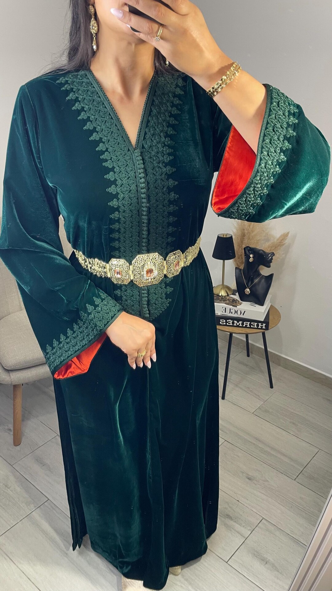 Moroccan Caftan, Moroccan Kaftan, Vert Royale, Velours, Tekshita ...