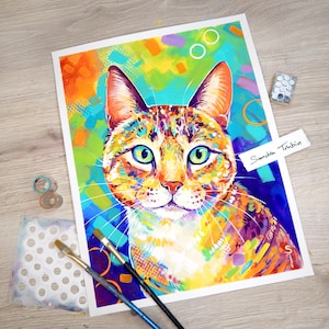 Colorful Cat - original colorful animal painting, hand painted with acrylic on paper, created by Sandra Trubin, 11x14 inch
