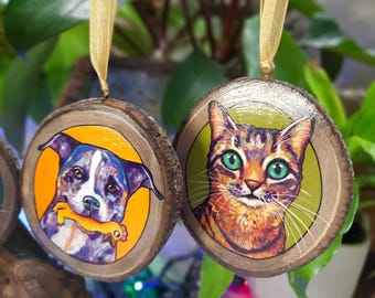 Pet Portrait Ornaments - colorful and vibrant portraits, painted on wood slices. Paw prints on the back, one of a kind gift.
