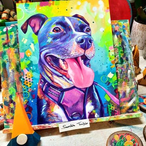 Custom pet portrait, personalized animal art commission, bright and colorful traditionally painted portrait from photo, unique pet art, gift