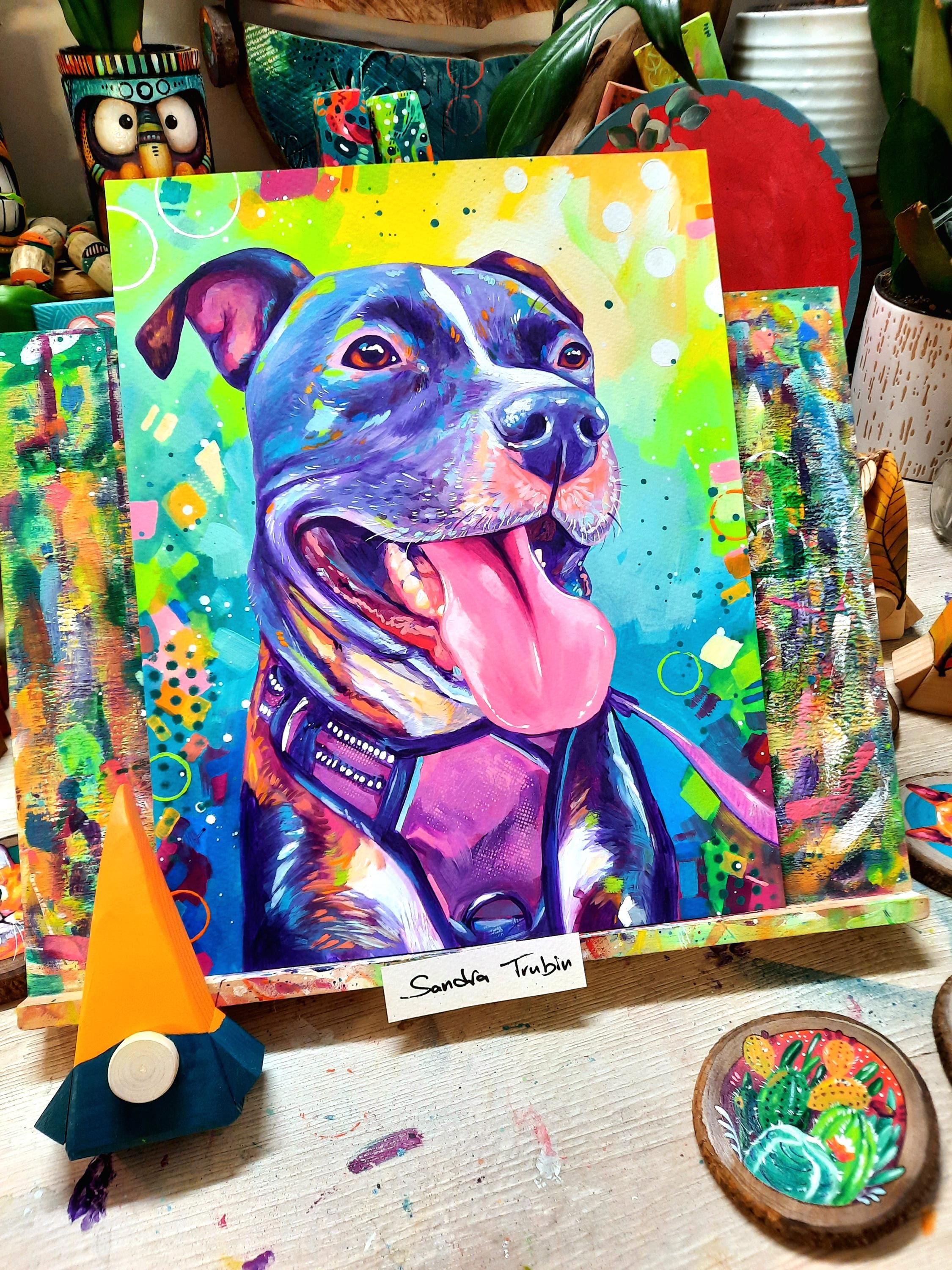 Custom pet portrait, personalized animal art commission, bright and colorful traditionally painted portrait from photo, unique pet art, gift