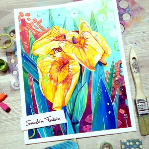 Yellow Iris - painting, original colorful flower art, hand painted with acrylic on paper, created by Sandra Trubin, 8.5x11 Inches