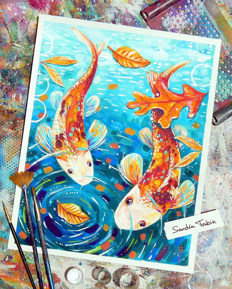 Golden Koi of Fortune - original colorful animal painting, hand painted with acrylic on paper, created by Sandra Trubin, 11x14 inch