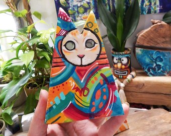 Cats in Costumes - colorful abstract stylistic wooden cats, glossy finish, 5.5 inch tall, one of a kind goofy Halloween desk/shelf decor
